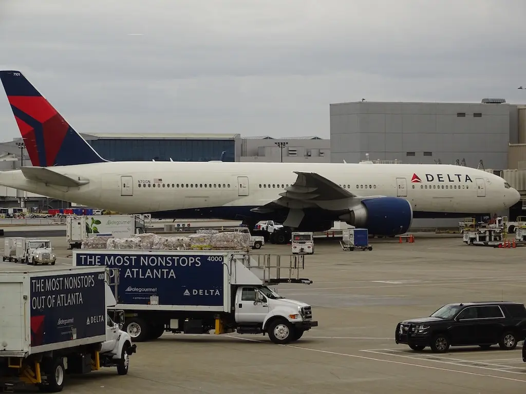 Delta Airline Boeing 777 at the gate.