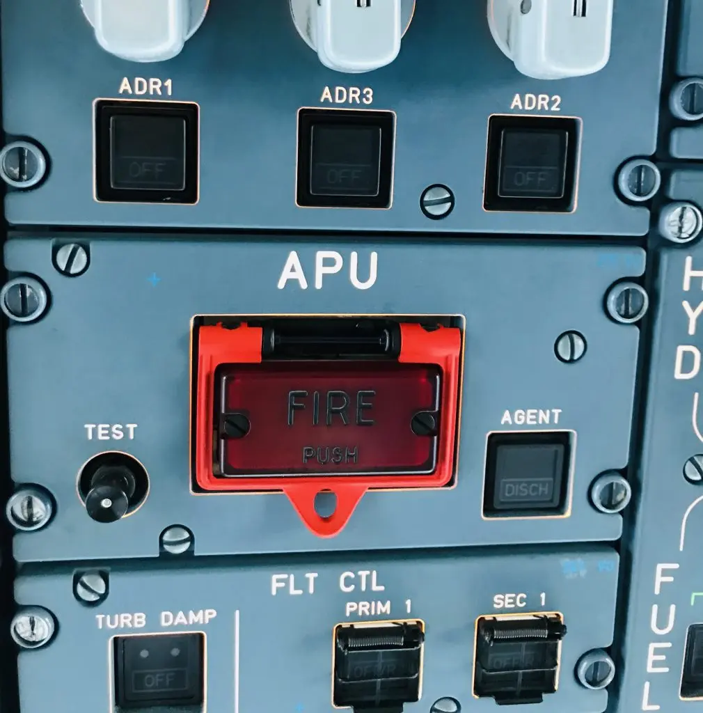 Overhead panel of Airbus aircraft showing Auxiliary Power Unit/APU panel.