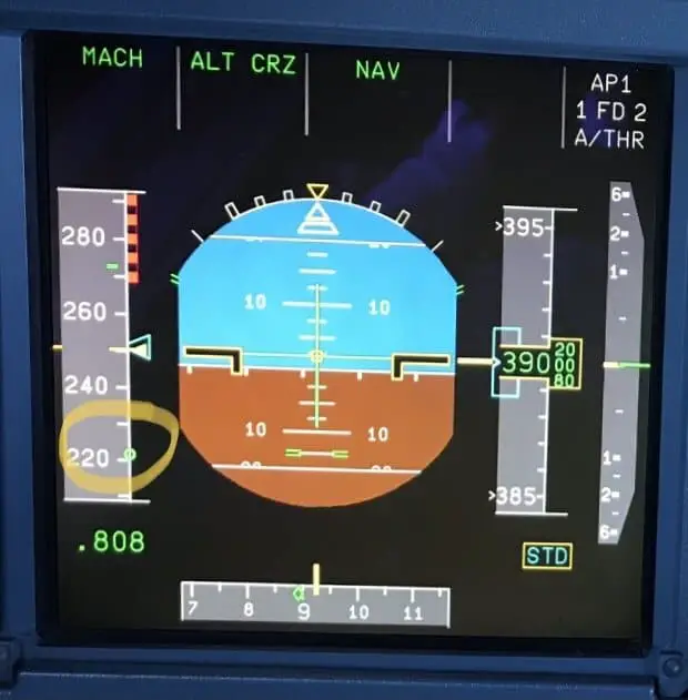 Airbus PFD (Primary Flight Displaying) showing Green Dot Speed on speed tape.