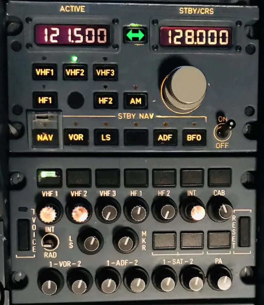 Radio Management Panel (RMP) on Airbus A330 aircraft showing 121.5MHz guard selected on VHF radio 2.