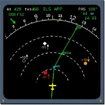 Navigation Display (ND) showing TCAS proximate traffic, traffic alert (TA) and resolution advisory (RA).