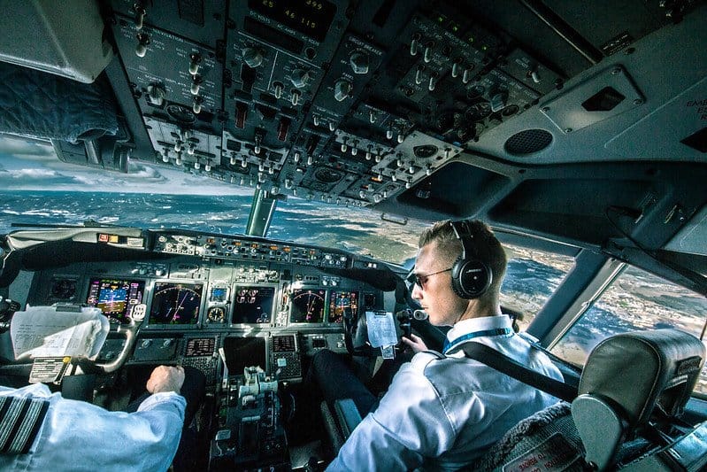 Aircraft cockpit/flight deck in flight.